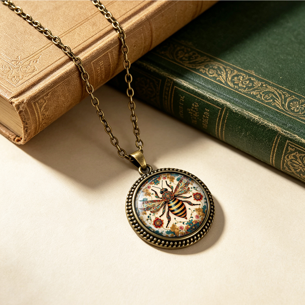 Women's Vintage Floral Bee Pattern Round Pendant Necklace